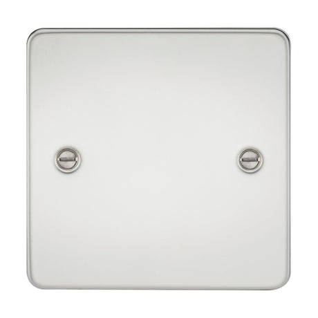 A close-up shot of a plain, square 1 Gang Blanking Plate - Polished Chrome (Flat Plate), featuring two metallic screws visible on either side. The flat plate offers a smooth, minimalist design crafted from premium grade steel.