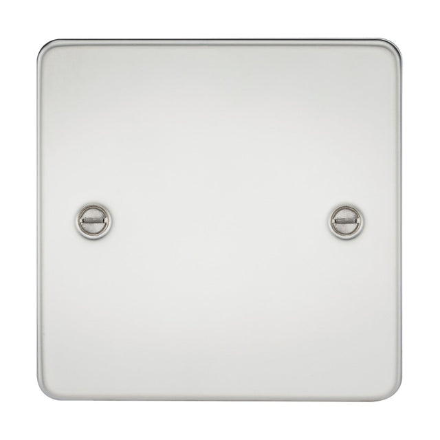 A close-up shot of a plain, square 1 Gang Blanking Plate - Polished Chrome (Flat Plate), featuring two metallic screws visible on either side. The flat plate offers a smooth, minimalist design crafted from premium grade steel.
