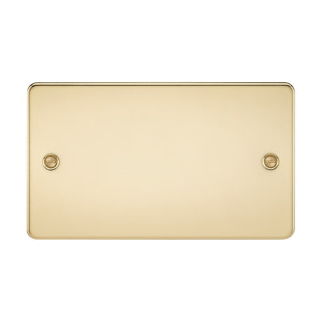 The 2 Gang Blanking Plate - Polished Brass (Flat Plate) features a smooth, shiny surface with two recessed screw holes positioned horizontally, and complies with IEC 60670-1 standards.