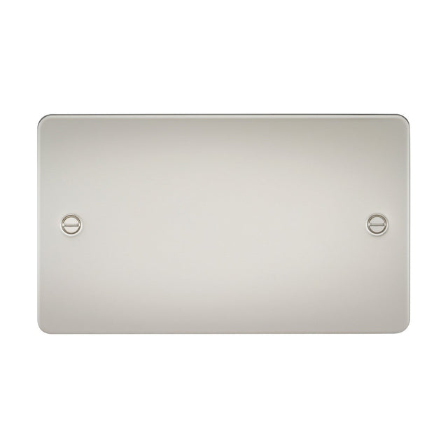The 2 Gang Blanking Plate - Pearl (Flat Plate) is a smooth, rectangular plate made of high-quality steel with a brushed pearl finish. It features a modern design with two symmetrically positioned screws on either side.
