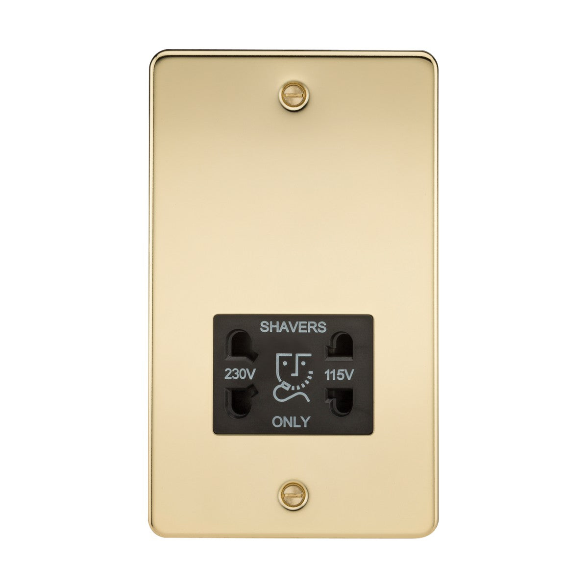 The 115/Dual Voltage Shaver Socket - Polished Brass (Black Insert, Flat Plate) includes dual outlets labeled 230V and 115V. Featuring SHAVERS ONLY and a shaver icon on the black panel, it is securely installed with two visible screws on the brass plate.