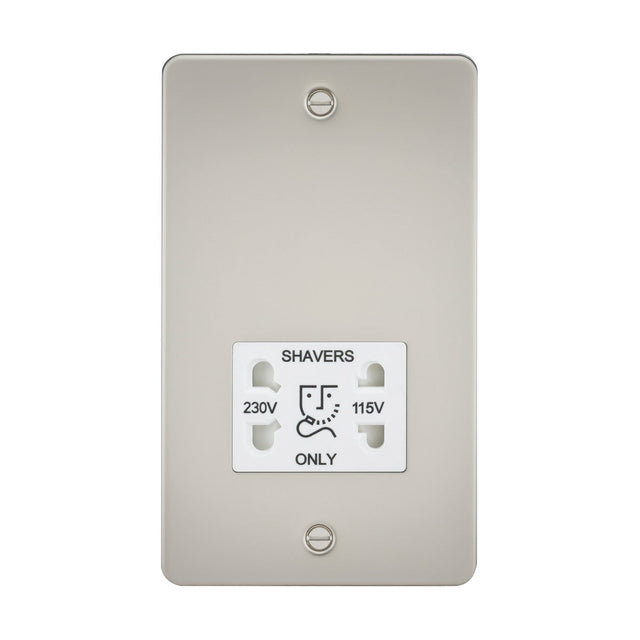 The 115/Dual Voltage Shaver Socket - Pearl offers a modern wall plate with SHAVERS ONLY label, dual voltage for 230V/115V, IP41 protection, distinct plug patterns, and an illustrated face for guidance.