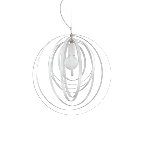 Introducing the Abstract 1 Light Pendant - White: a contemporary sphere-shaped pendant light featuring an innovative design of concentric rings encircling a central bulb. With its dimmable functionality, this fixture is elegantly suspended from a cable, providing a minimalist and stylish appearance against a simple white backdrop.