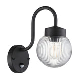 Endon Brackgrove outdoor wall light in black with arched arm, clear ribbed glass globe shade and built-in PIR sensor on the round backplate.