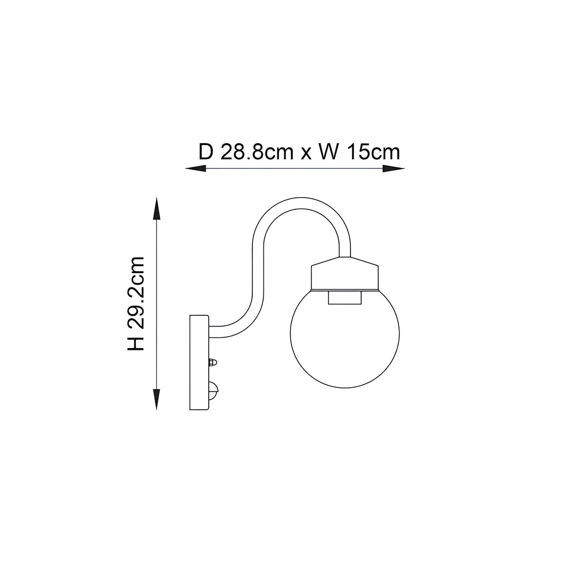 Dimension diagram of the Endon Brackgrove outdoor wall light showing height 29.2cm, depth 28.8cm and width 15cm on a white background.