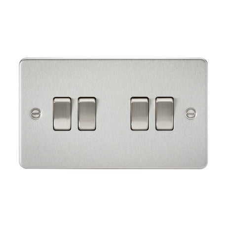 The 10AX 4 Gang 2-Way Switch - Brushed Chrome (Flat Plate) is a minimalist design featuring an ultra-low profile with four rectangular switches arranged in two groups of two. This switch plate includes centered 2-way switches and has two screw holes on either side for easy mounting.