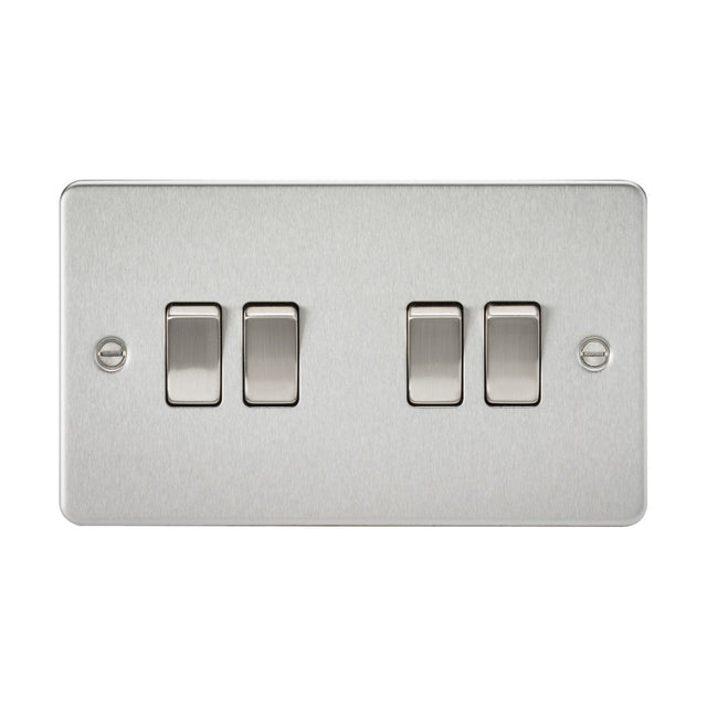 The 10AX 4 Gang 2-Way Switch - Brushed Chrome (Flat Plate) is a minimalist design featuring an ultra-low profile with four rectangular switches arranged in two groups of two. This switch plate includes centered 2-way switches and has two screw holes on either side for easy mounting.