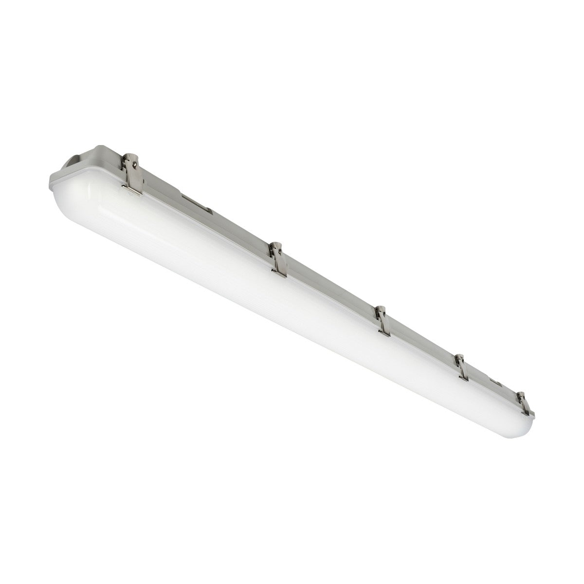 The Single 4ft 33W IK08 DALI CCT Non-Corrosive Batten IP65 is a long, rectangular LED light fixture featuring a white, frosted cover secured by four metal clips to the base. This energy-efficient lighting solution is designed for ceiling mounting, making it ideal for industrial or commercial illumination needs.