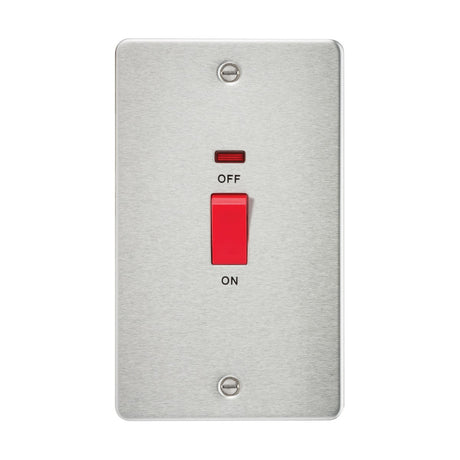 The 45A DP Neon Switch (2 Gang Size) in Brushed Chrome features a low-profile flat plate design with a brushed metal appearance. It includes a red toggle switch labeled ON at the bottom and OFF at the top, positioned vertically with a small red indicator light above, making it ideal for cooker control units or double pole setups.