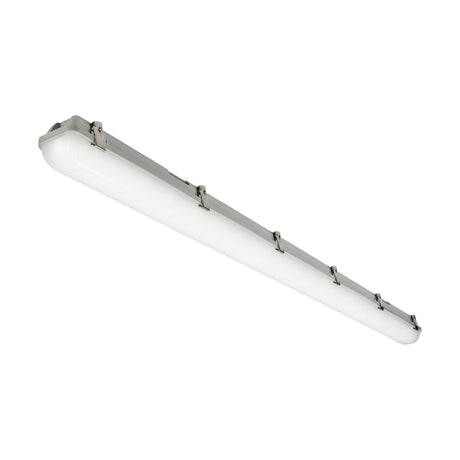 The Single 5ft 50W IK08 DALI CCT Non-Corrosive Batten IP65 is a long, energy-efficient white LED tube light encased in a gray protective shell with metal clasps, specifically designed for ceiling mounting. Its robust, industrial design makes it an ideal solution for commercial spaces.