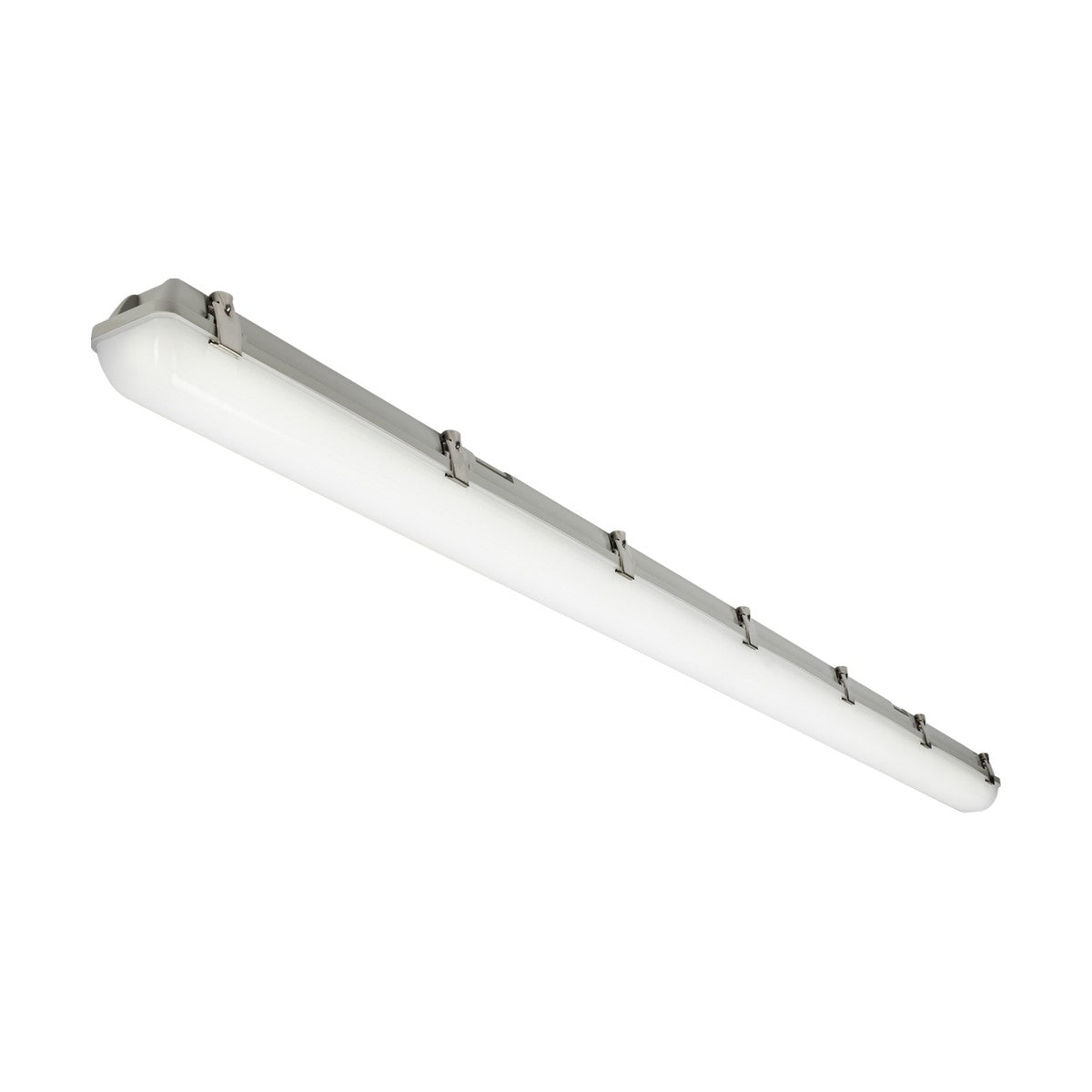 A 6ft Single 65W IK08 DALI CCT Non-Corrosive Batten IP65 is mounted on the ceiling, featuring a white cover and metallic clasps. It provides even, bright industrial illumination for indoor spaces while promoting sustainability through its energy-efficient lighting design.