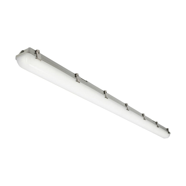 A 6ft Single 65W IK08 DALI CCT Non-Corrosive Batten IP65 is mounted on the ceiling, featuring a white cover and metallic clasps. It provides even, bright industrial illumination for indoor spaces while promoting sustainability through its energy-efficient lighting design.