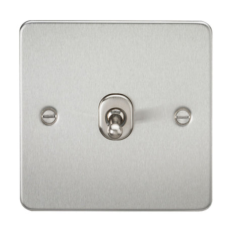 A 10AX 1 Gang 2-Way Toggle Switch with a flat plate design and two visible screws on a brushed chrome rectangular faceplate.