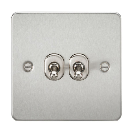 The 10AX 2 Gang 2-Way Toggle Switch features a flat square metal plate with two toggle switches in the center and a screw on each side. It boasts a sleek and modern appearance with its brushed chrome finish.