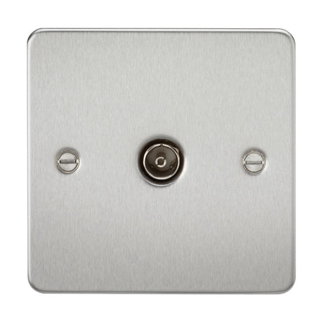The TV Outlet (Non-Isolated) - Brushed Chrome (Flat Plate) is a square, metallic plate with a central connector and two screws on either side. Its ultra-low profile design and brushed chrome finish contribute to its sleek and modern look.