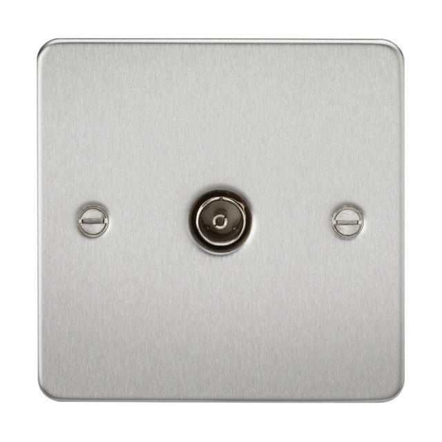 The TV Outlet (Non-Isolated) - Brushed Chrome (Flat Plate) is a square, metallic plate with a central connector and two screws on either side. Its ultra-low profile design and brushed chrome finish contribute to its sleek and modern look.
