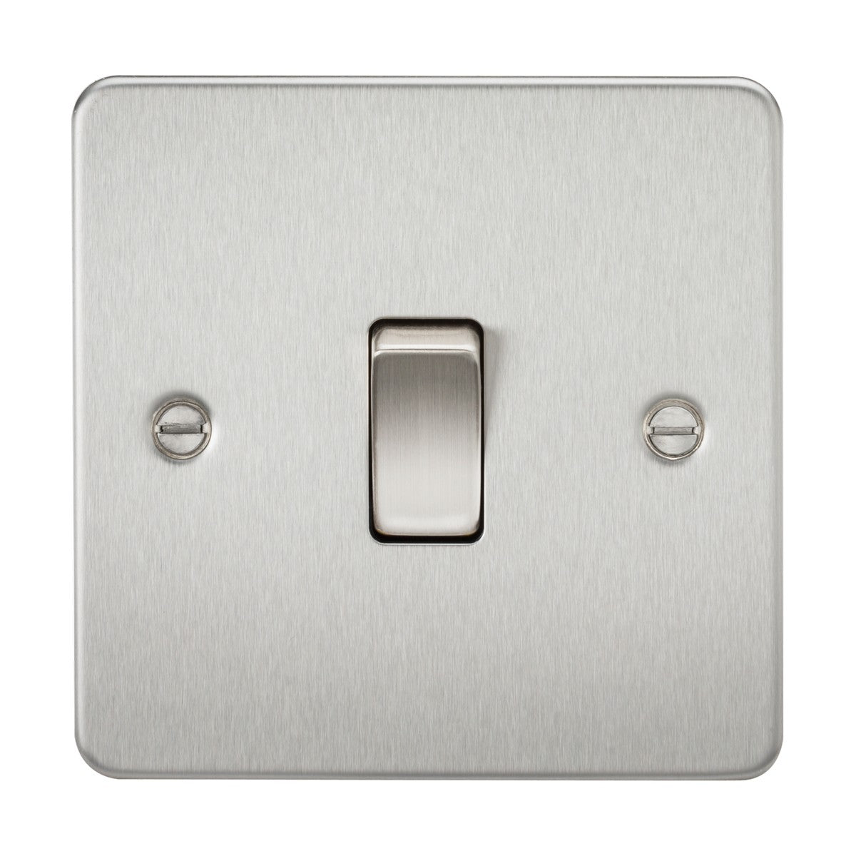 The image highlights the 10AX 1 Gang Intermediate Switch - Brushed Chrome (Flat Plate) mounted on a wall, emphasizing its brushed chrome finish and flat plate design. This stainless steel switch includes an intermediate control and is accented by two visible screws that enhance its sleek and minimalist look.