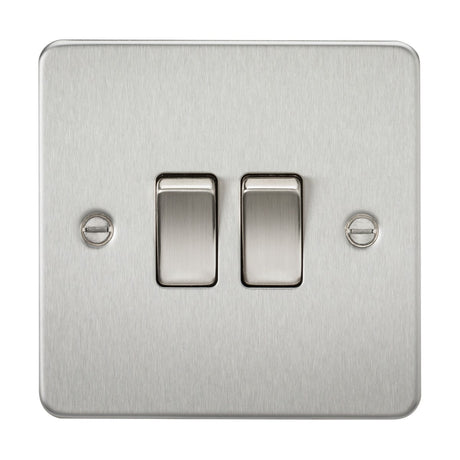 This 10AX 2 Gang 2-Way Switch boasts a brushed chrome finish and a sleek flat plate design. It comes equipped with two toggle switches and four screws for secure installation.