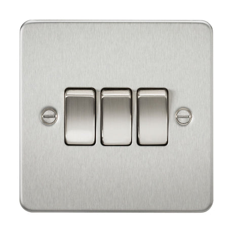 The 10AX 3 Gang 2-Way Switch in brushed chrome showcases three toggles centered on an ultra-low profile, flat plate design. Its sleek appearance is accented by two screws on each side, enhancing its refined stainless steel aesthetic.