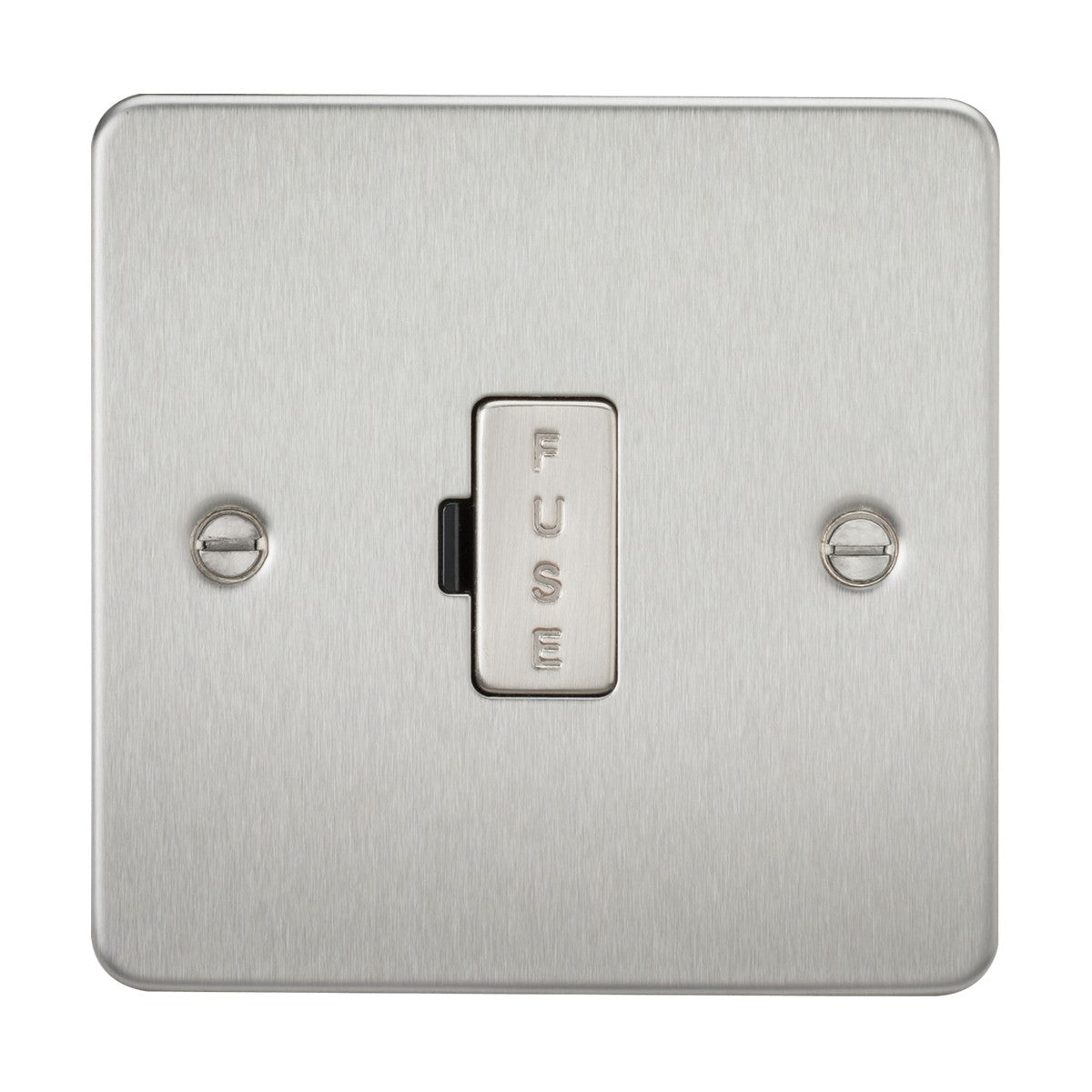 A slim, brushed chrome wall plate houses a central rectangular switch marked with 'FUSE' and is secured with two visible screws on either side. This is the 13A Fused Spur Unit - Brushed Chrome (Flat Plate).
