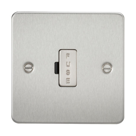 A slim, brushed chrome wall plate houses a central rectangular switch marked with 'FUSE' and is secured with two visible screws on either side. This is the 13A Fused Spur Unit - Brushed Chrome (Flat Plate).