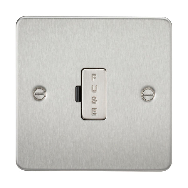 A slim, brushed chrome wall plate houses a central rectangular switch marked with 'FUSE' and is secured with two visible screws on either side. This is the 13A Fused Spur Unit - Brushed Chrome (Flat Plate).