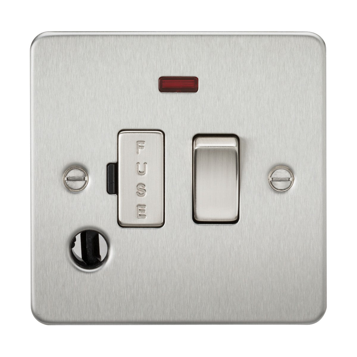 A 13A Switched Fused Spur Unit Neon & Flex Outlet with a brushed chrome finish in a flat plate style, offering a low-profile design that incorporates a fuse holder, an on/off switch, and a red indicator light. The unit features visible screw heads on both sides and is presented against a plain white background.