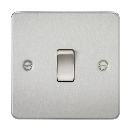 This 20A 1 Gang DP Switch - Brushed Chrome (Flat Plate) features a square, metallic design with a sleek brushed chrome finish. Its flat plate design centralizes the switch and includes two visible screw heads on either side for easy mounting, seamlessly blending style with functionality.