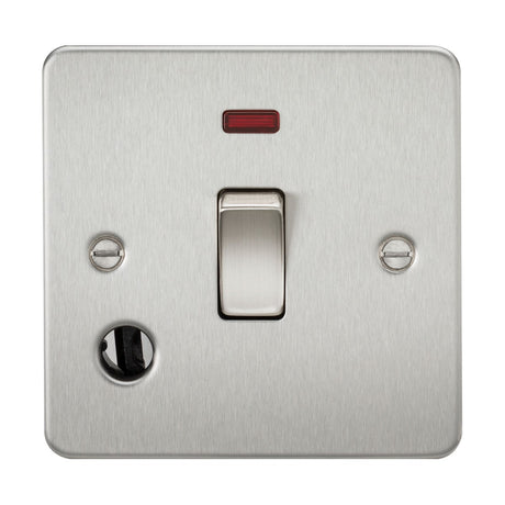 The 20A 1 Gang DP Switch Neon & Flex Outlet in brushed chrome features a red indicator light on top and is secured with two screws. This double pole switch is ideal for water heaters and is centrally located on a square metal flat plate.