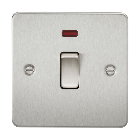 The 20A 1 Gang DP Switch Neon - Brushed Chrome (Flat Plate) features a rectangular red indicator at the top and a double pole switched design centered on a square plate with two visible screws on each side, making it perfect for controlling water heaters and ensuring efficient energy management.