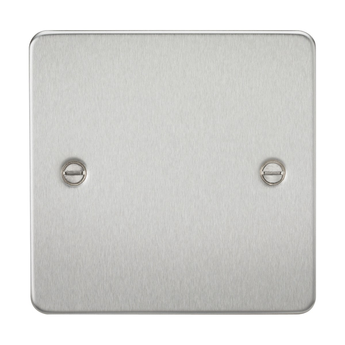 The 1 Gang Blanking Plate in brushed chrome presents an ultra-low profile and smooth finish, with two noticeable screws for mounting. Its square flat plate design, accented by softly rounded corners, brings an elegant touch to any space.