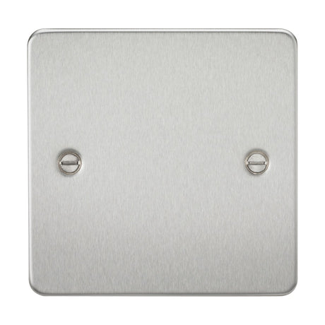 The 1 Gang Blanking Plate in brushed chrome presents an ultra-low profile and smooth finish, with two noticeable screws for mounting. Its square flat plate design, accented by softly rounded corners, brings an elegant touch to any space.