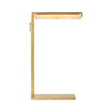 The Linea LED Alabaster Table Lamp in brushed brass features a rectangular base, vertical stem, and horizontal light bar for a soft glow, all in a sleek, minimalistic design.