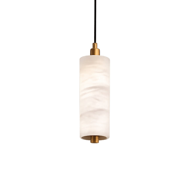 The Ardent LED Small Column Alabaster Single Pendant Light features a cylindrical alabaster shade, soft white glow, brushed brass accents, and a black cord, showcased against a white background.