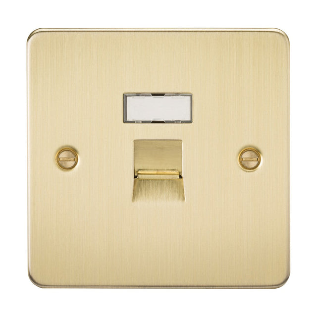A brushed brass RJ45 Network Outlet featuring a CAT5e port with a single outlet, showcased against a white background. The plate's refined finish provides a low profile design, complete with two visible screws on each side for straightforward installation, making it ideal for seamless wired networking.