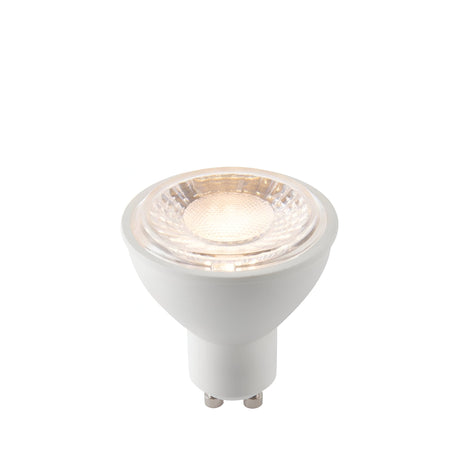 Endon 7W GU10 LED bulb in white with clear faceted lens and twist-lock base, shown against a plain white background.