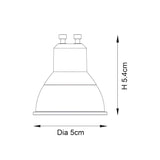 Line drawing of a 7W GU10 LED bulb showing GU10 twist-lock base, tapered reflector body and dimensions: 5cm diameter, 5.4cm height.
