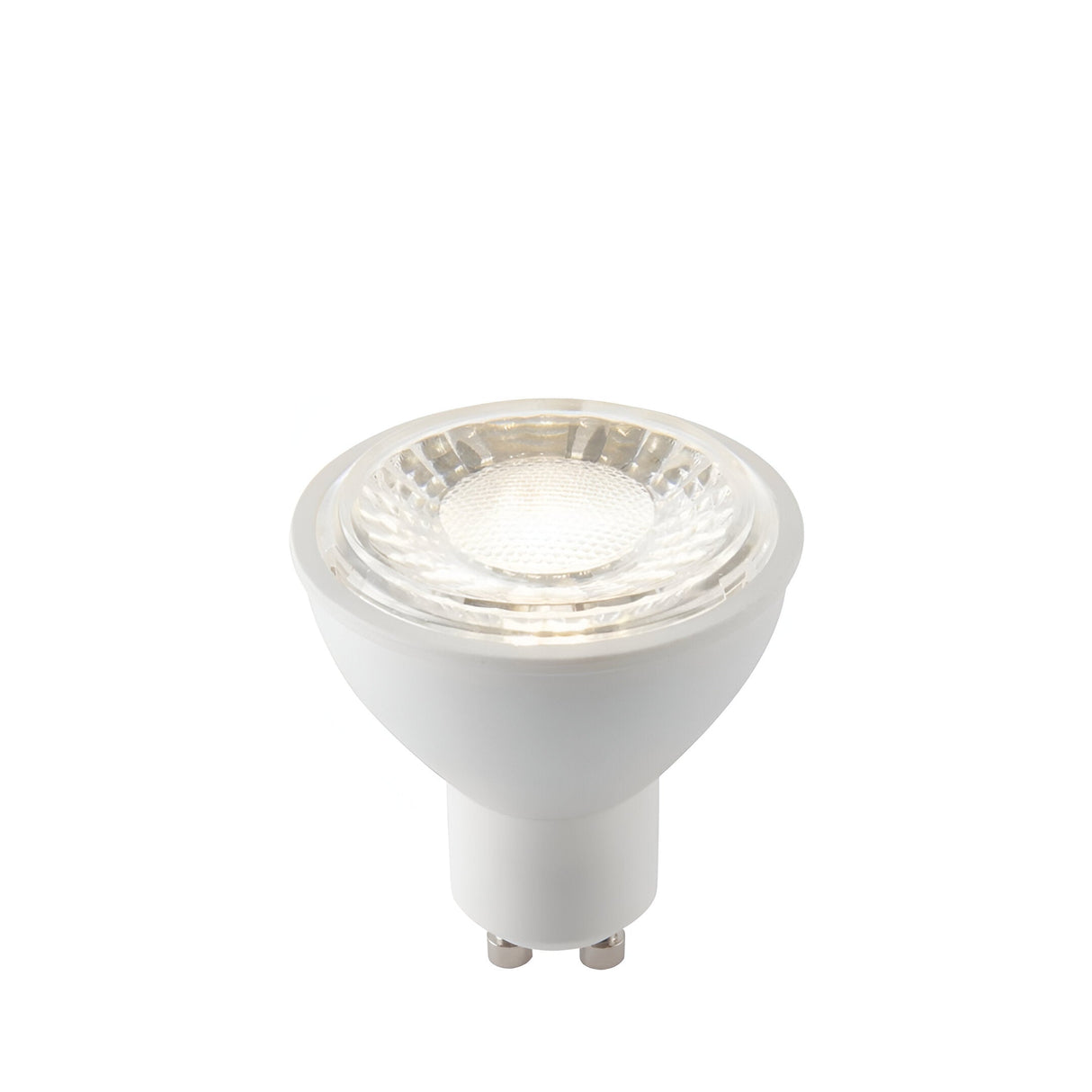 7W GU10 LED bulb with clear glass front, textured reflector, and white ceramic body with twist-lock base, shown lit against a plain white background.