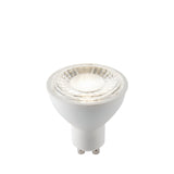 7W GU10 LED bulb with clear glass front, textured reflector, and white ceramic body with twist-lock base, shown lit against a plain white background.