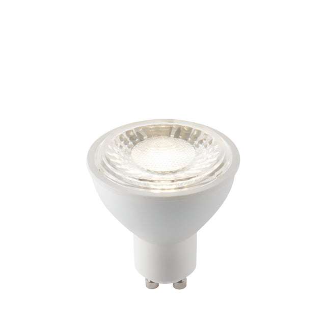 7W GU10 LED bulb with clear glass front, textured reflector, and white ceramic body with twist-lock base, shown lit against a plain white background.