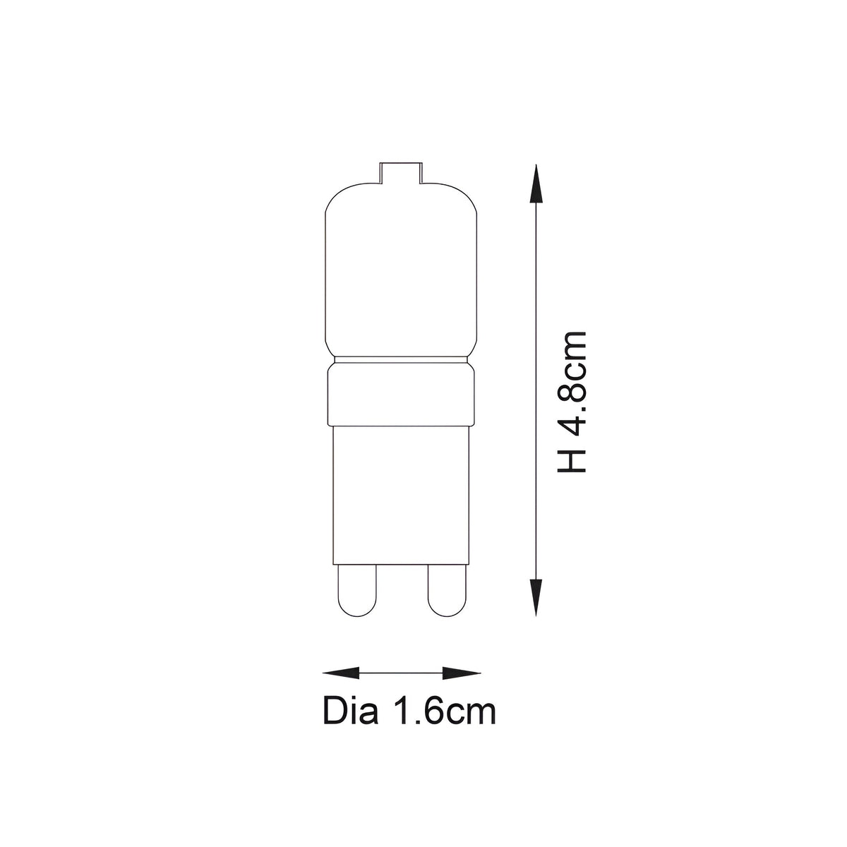 Endon 2W G9 LED frosted capsule bulb technical diagram showing 4.8cm height and 1.6cm diameter dimensions on a plain white background.