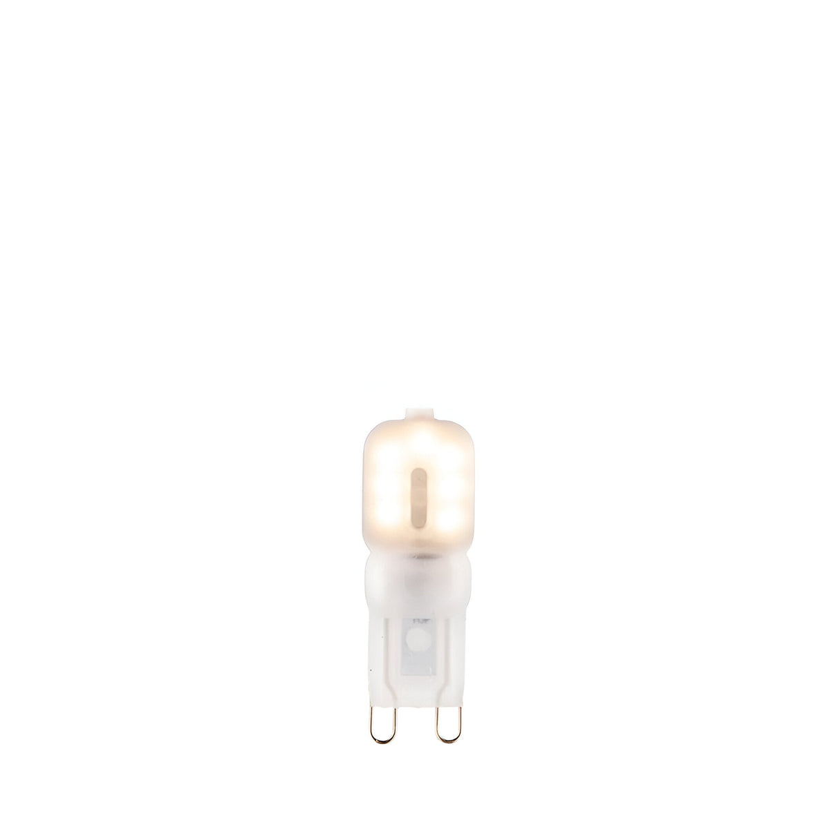Endon 2W G9 LED capsule bulb with frosted polycarbonate body illuminated in warm white, two-pin base shown against a plain white background.