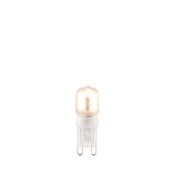 Endon 2W G9 LED capsule bulb with frosted polycarbonate body illuminated in warm white, two-pin base shown against a plain white background.