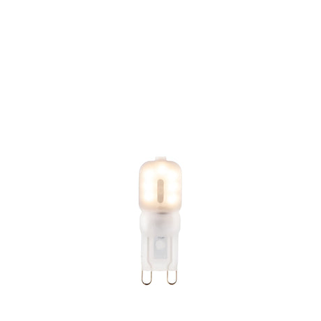 Endon 2W G9 LED capsule bulb with frosted polycarbonate body illuminated in warm white, two-pin base shown against a plain white background.
