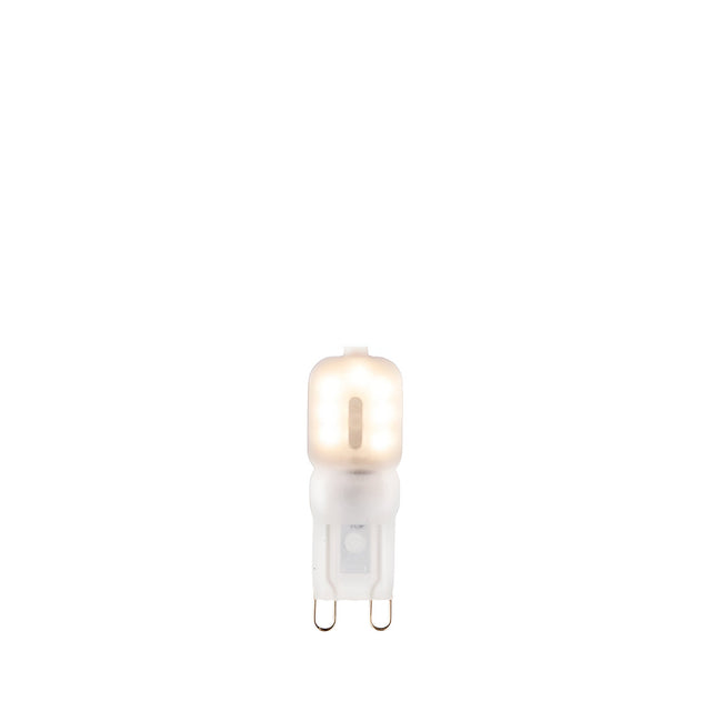 Endon 2W G9 LED capsule bulb with frosted polycarbonate body illuminated in warm white, two-pin base shown against a plain white background.