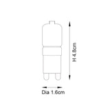 Technical line drawing of the Endon 2W G9 LED bulb showing height 4.8cm and diameter 1.6cm on a plain white background.
