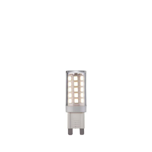 Endon 3.5W G9 LED capsule bulb with clear cover over surface-mounted diodes and white two-pin base, cool white and non-dimmable, on a white background.
