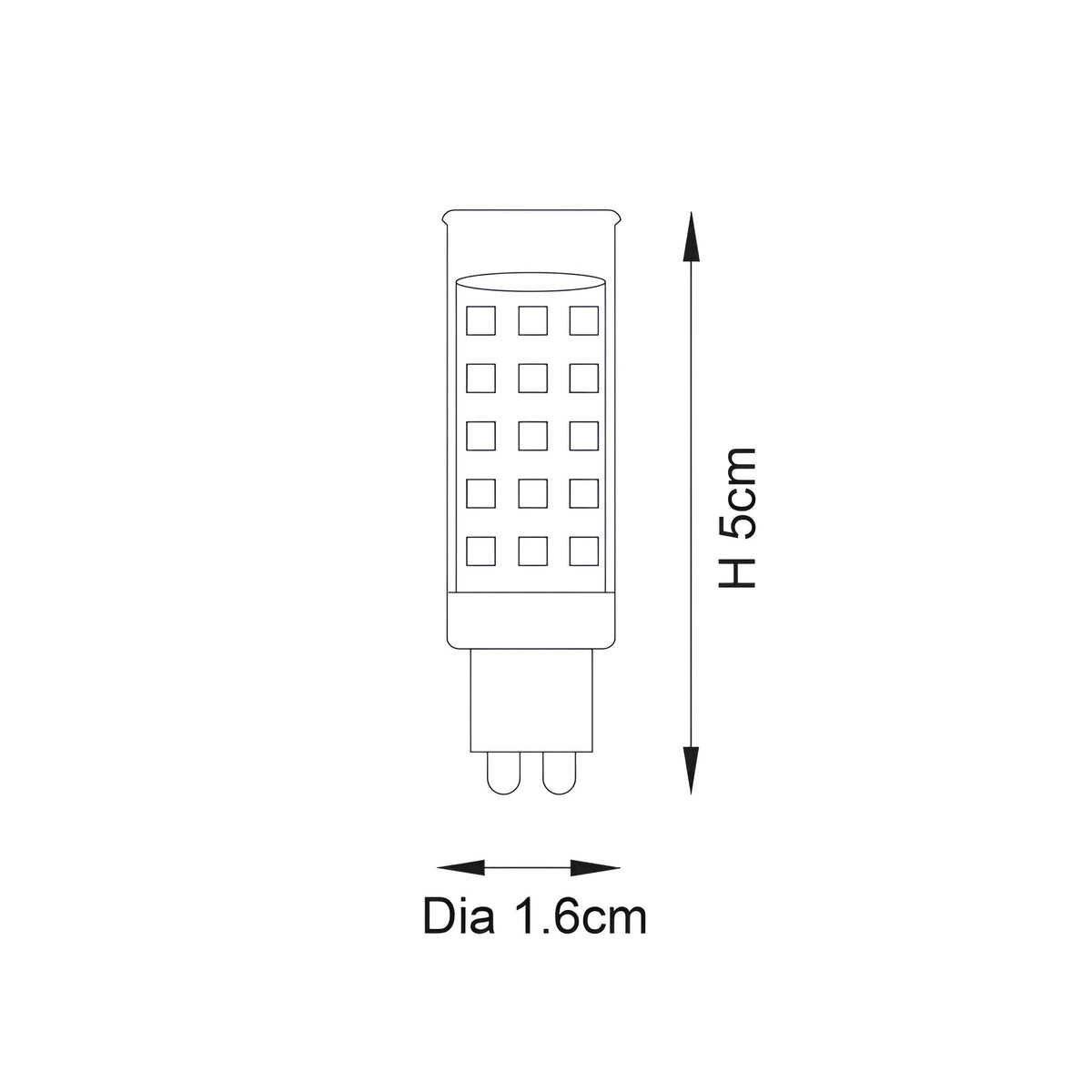 Endon 3.5W G9 LED capsule bulb dimensions diagram showing 5cm height and 1.6cm diameter on a plain white background.