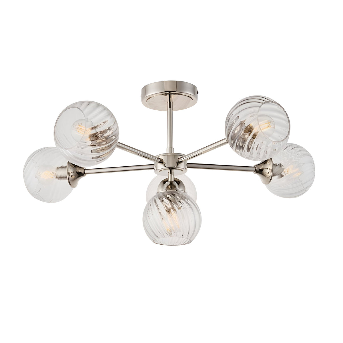 Georgiana 5-arm semi-flush ceiling light in nickel finish with clear ribbed glass globe shades, on a plain white background.