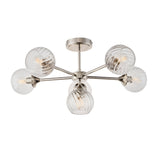 Georgiana 5-arm semi-flush ceiling light in nickel finish with clear ribbed glass globe shades, on a plain white background.